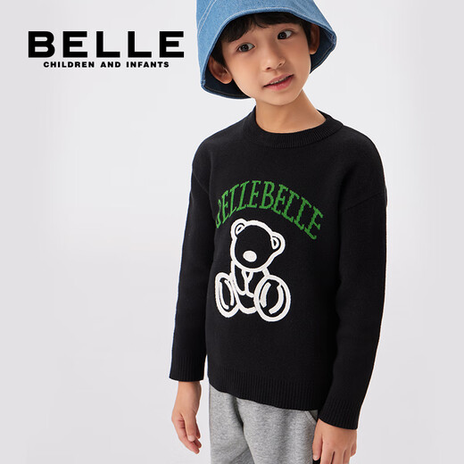 BELLE BELLE童装男童毛衣秋冬小熊圆领套头儿童毛衫宝宝柔软纯棉针织衫 黑色 140