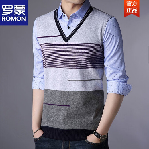 ROMON (ROMON) Spring and Autumn Fake Two-piece Shirt Collar Knit Sweater Men's Long Sleeve Double Collar Shirt T-shirt Middle-aged Men's Thin. Base Shirt 3878 Blue (Spring and Autumn) Button Cuffs Thin 2XL 180 Recommended 158-170Jin [Jin equals 0.5 kg]