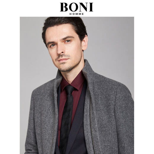 BONI/堡尼毛呢大衣男中长款秋冬商务立领羊毛大衣外套男BE883341B 专柜同款 灰色 165