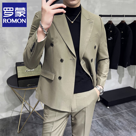 
ROMON light luxury high-end double-breasted suit suit men's Korean style slim business formal casual suit two-piece set Military green [double-breasted T687] XL