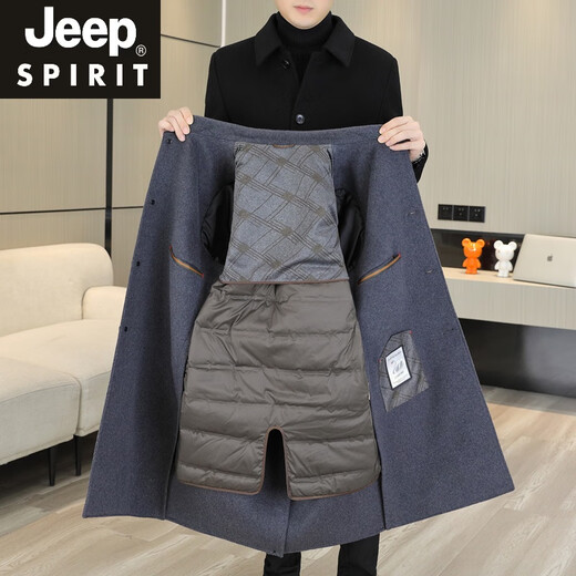 JEEP SPIRIT双面呢外套男士长款羊毛呢风衣秋冬加厚羽绒内胆羊绒大衣男新品 LY2316藏青色(双面呢羊绒)中长款 XL (135-150斤)