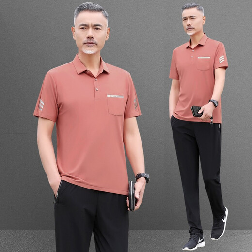 昇域中老年人运动服套装男夏季冰丝短袖长裤休闲中年男士爸爸夏装套装 756款黑色 XL 【建议体重126-140斤】