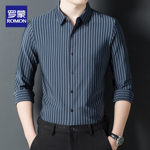 Romon Brand Young and Middle-Things Camisas sin marcas y mangas largas, nuevas camisas de rayas elásticas de negocios de negocios sin planchar, 9928-Dark Green 180/2xl [recomendado 150-165Jin [Jin equivale a 0.5 kg]]