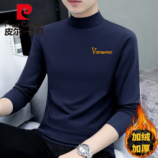 Pierre Cardin Herbst und Winter halbhoher Hals-Hemd-Hemd-Hemd-Hemd-Langarm-T-Shirt Pure Cotton Herbst Kleidung vielseitig plus Samt Einfach verdickte thermische Unterwäsche Schwarz YP-C6187 plus Samt L.