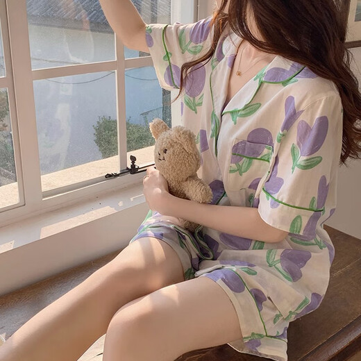 Tulip Pajamas Women's Short Sleeve Sweet Ins Small Fresh Girls Pajamas Comfortable Breathable Outerwear Set FY3937 M Recommended 80-100Jin Jin equals 0.5kg
