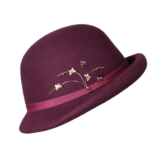 Lan Shimeng wearing top hat 2024 new butterfly embellished wool curled basin hat for women in autumn and winter, warm and fashionable, small fisherman hat with face, deep burgundy, one size fits all for adults (hidden adjustment 56-57.5cm)