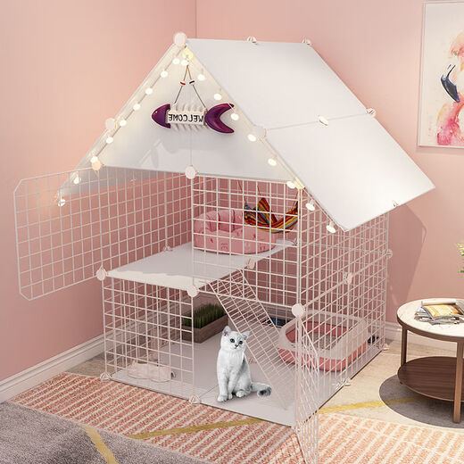 Cat Cage Home Indoor Cat Villa with Toilet Clearance Large Extra Large Free Space Small Cat Nest Cattery Three-story Small Bungalow + Elegant White - Multi-layer Platform Exclusive Model Hardcover Model + Cat Litter Box + Dual-Purpose Cat Bowl