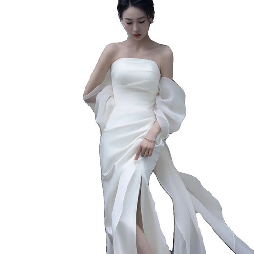 Fiber French satin white tube top fairy puff sleeve dressing gown bride wedding out light wedding dress toast evening dress white ready L