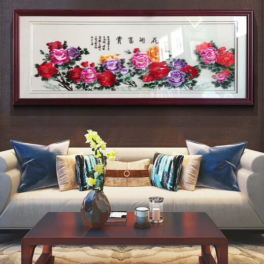 Qijiangwu Huakaifugui living room painting Chinese painting large flower and bird peony painting Su embroidery Hunan decorative painting office bedroom banner ink Suzhou embroidery finished hanging painting study calligraphy and painting Huakaifugui 1 small size width 160*height 70cm