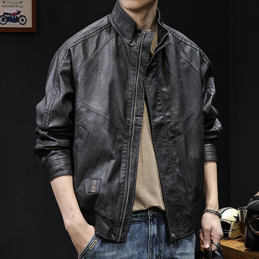 Luo Meng high-end motorcycle leather jacket men's spring and autumn 2025 new men's short PU clothes American fashion brand black gray regular style XL suitable for 140-160 Jin Jin equals 0.5 kg