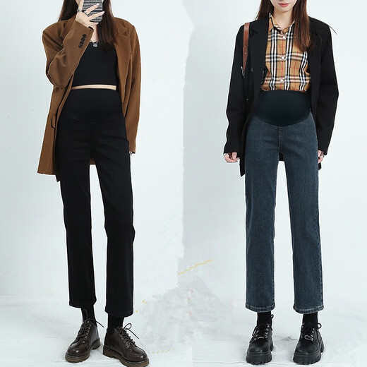 Nanding Yage Maternity Pants Autumn and Winter Outerwear New Straight Leg Pants Nine-Point Jeans Plus Velvet Stretch Cigarette Pants Autumn and Winter Clothes Black L110-125Jin Jin is equal to 0.5 kg