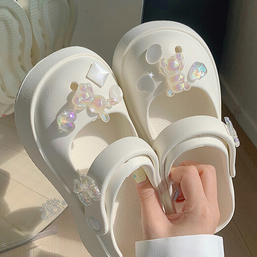 细细条（XIXITIAO）仙女洞洞鞋春夏时尚网红外穿甜美水钻玛丽珍拖鞋沙滩鞋ins 奶油白 35-36