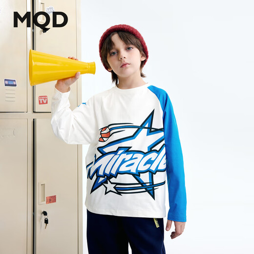 MQD (MQD) MQD boys' autumn college style raglan sleeves contrasting asymmetric long-sleeved T-shirt in white 130