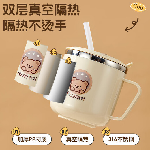 WORTHBUY 316 Stainless Steel Children's Milk Cup Baby Drinking Water Learning Cup Double-layer Anti-scalding Straw Cup Bear