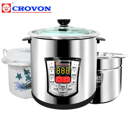 CROVON Food Grade Stainless Steel Electric Stew Pot Waterproof Ceramic Stew Cup Fully Automatic Smart Home Soup Pot Porridge Pot Commercial Crown Electric Soup Pot TM (6L steel bladder without stew pot) Suitable for 4-6 people 6L