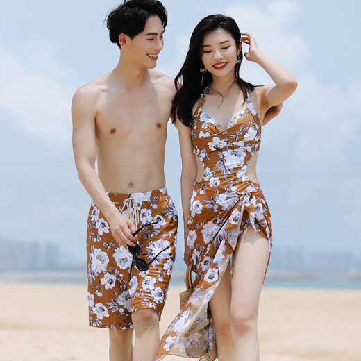 Lauragomu 2025 new couple swimsuit female sexy bikini shawl wetsuit men's beach swimming trunks seaside couple wear earth yellow L men's pants