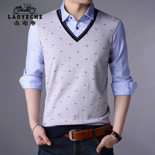 Classic Car (Laoyeche) High-End-Herren-T-Shirt mit falschem zweiteiligen Langarmjugend-Basishemd Korean Slim Strick Modentrend Herren Modell 3878 Blau 2xl 180