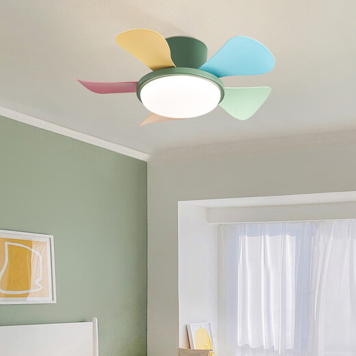 风向标儿童房卧室风扇灯马卡龙小型吊扇灯家用静音过道阳台薄吸顶电扇灯 全光谱小爱29-724A绿+彩色叶吸顶