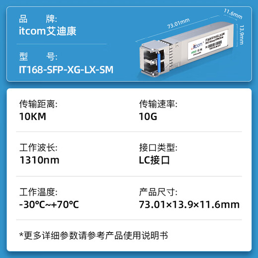 itcom万兆光模块SFP+10G单模双纤光纤模块1310LC10公里兼容国产服务器交换机IT168-SFP-XG-LX-SM一只