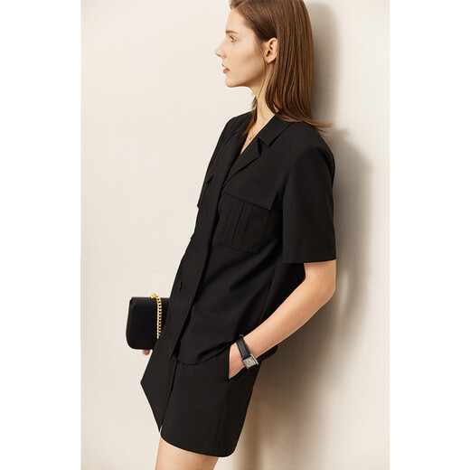 AMII Women's 2025 Summer New Complete Matching Suit Women's Fashion Double-breasted Casual Small Two Black (Shirt) S 155/80A