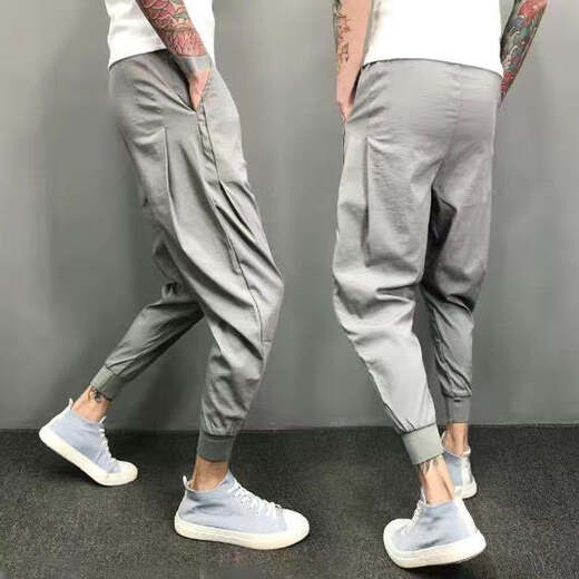 楠语秋（NANYUQIU）加绒裤子男九分休闲裤百搭潮流黑武士修身小脚裤网红束脚哈伦裤 黑色【魔术贴】 M 95-110斤