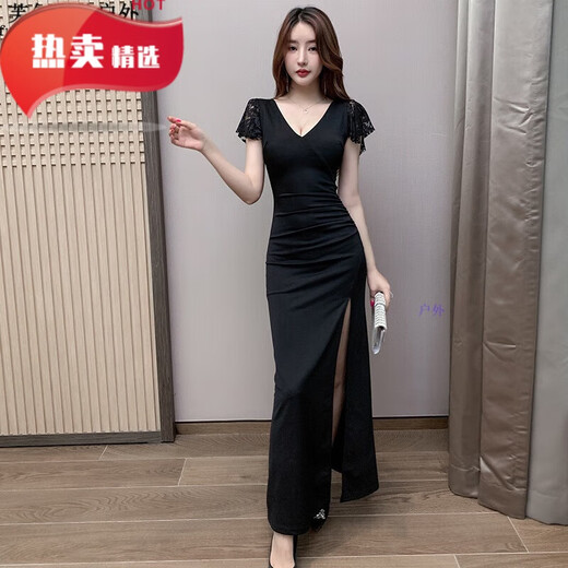 气质桑拿性感连衣裙长款洗浴按摩工作服修身显瘦晚礼服足疗技师服 3883黑色 S