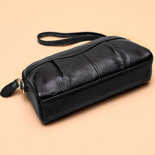 Grozd genuine first-layer cowhide mother's handbag women's clutch long wallet clutch bag zipper mobile phone bag black (handbag style-wrist strap)