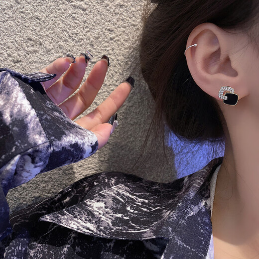 S925 silver needle double square black stud earrings female style small light luxury earrings niche design western style earrings main picture