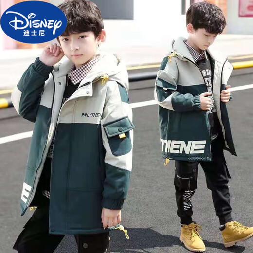 Disney (Disney) Boys Autumn and Winter Jackets 2025 New Children's Mid-Length Windbreaker Casual and Fashionable Velvet Thickened Big Children's Cotton Clothes Blue New Windbreaker Plus Velvet Thickened 160 Recommended Height Around 145-155 cm