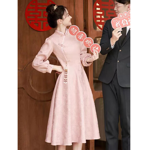 Seidler pink cheongsam toast dress bride engagement dress new Chinese banquet wedding evening dress autumn and winter long-sleeved dress pink XL (recommended 116-125 Jin Jin equals 0.5 kg)