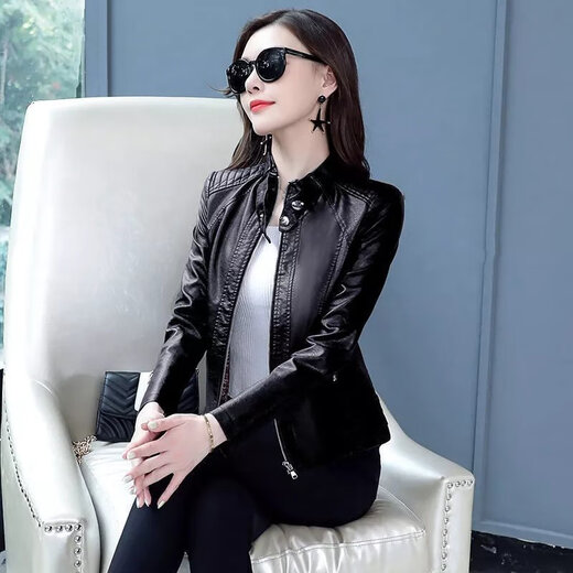 御仕达2024春秋海宁皮衣女短款中年修身显瘦年轻妈装小皮短外套外套 黑色 2XL