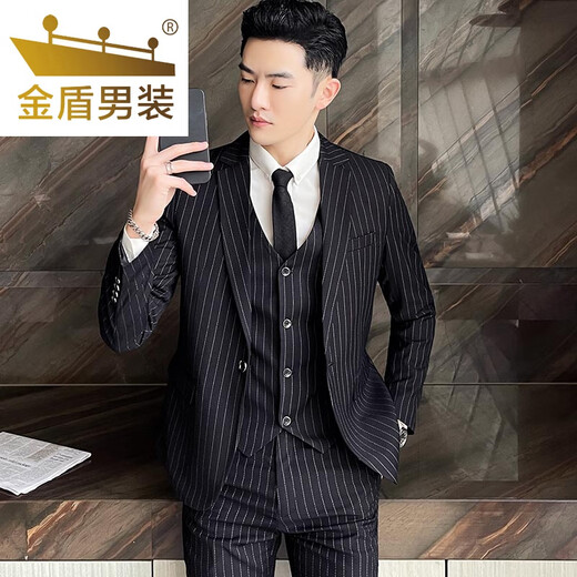 金盾（JINDUN）西装男套装春秋休闲条纹西服修身韩版商务正装新郎结婚礼服高品质 条纹藏青:西服+西裤+马甲+送衬衫 L:110-117斤