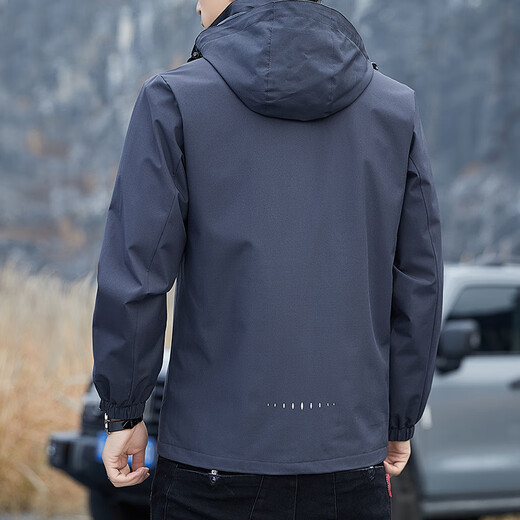 真维斯（Jeanswest）春秋季冲锋夹克男新款男装宽松连帽可拆卸外套男士防风工装上衣 6628深灰色 4XL 码(166-175斤)