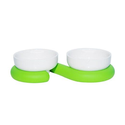 ZEZE Cat Bowl Ceramic Pet Bowl Protects Cervical Vertebra Dog Bowl Anti-Tip Cat Food and Drinking Water Double Bowl Pet Supplies White + Green (Double) Cat Food and Water Bowl Universal