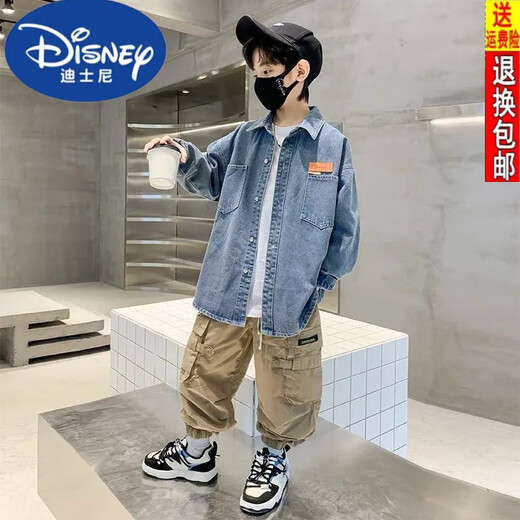 Disney Boys Denim Shirt 24 Spring and Autumn New Fashionable Medium Large Children's Top Casual Jacket Handsome Trendy Long Sleeve Blue 130