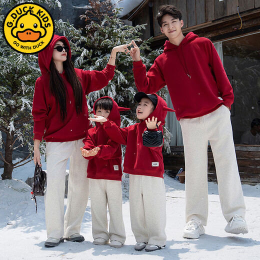 G.duck parent-child clothing for a family of three 2025 new mother-daughter mother-child red New Year's sweatshirt four-person family New Year's greetings clothing autumn and winter burgundy hooded velvet sweatshirt 175 Dad L