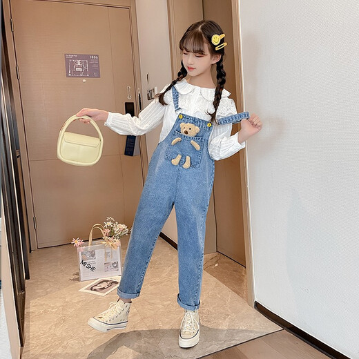 迈兜熊童装女童牛仔背带裤春装新款中大童宽松夏季儿童吊带小熊背带长裤 蓝色 长裤 150
