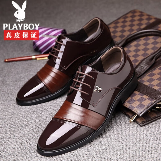 花花公子（PLAYBOY ICON）皮鞋男新款真皮商务正装男士尖头系带结婚新郎内增高男鞋 h9928黑色增高款 42