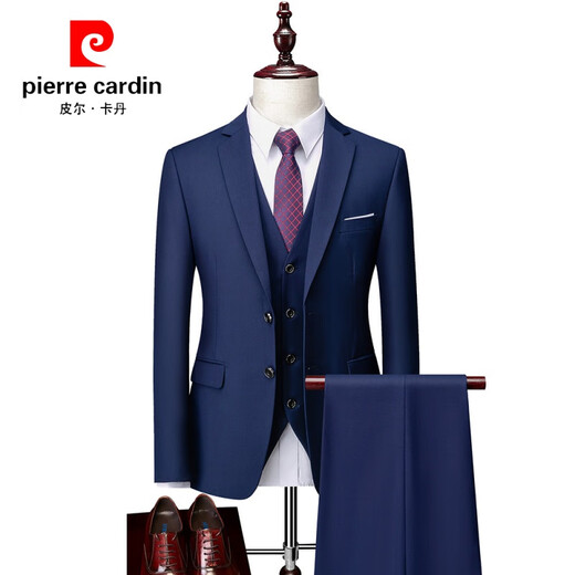 Pierre Cardin 2024 Autumn and Winter New Men's Business Solid Color Suit Suit White-collar Groomsmen Work Suit Three-piece Men's Formal Suit Lake Blue M-170