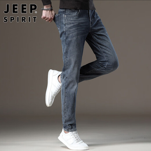 JEEP SPIRIT吉普牛仔裤男加绒加厚保暖直筒秋冬季男士修身休闲长裤子男