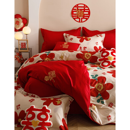 SARTILL wedding four-piece set wedding big red wedding quilt cover wedding room Xiaohongshu wedding bedding Yixi Yisheng long velvet cotton wedding printing set six-piece set suitable for 1.5/1.8m bed quilt cover 200*2