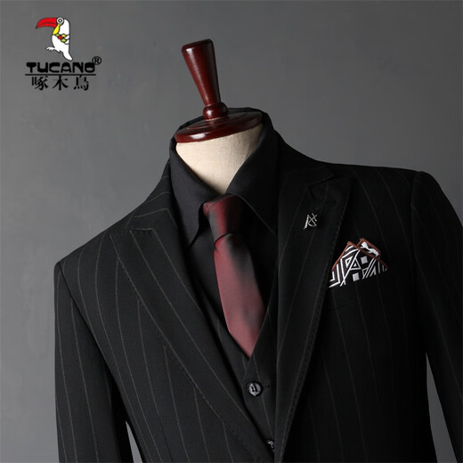 Woodpecker (TUCANO) Striped Suit Men's Full Groom's Suit British Style Groomsmen's Clothes Business Formal Wedding Suit Men's Black (Suit+Vest+Trousers) XL 52 (125-135Jin Jin equals 0.5kg)