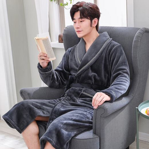 Yalu Pajamas Men's Winter Plus Velvet Thickened Flannel Pajamas Extra Long Men's Bathrobe Large Size Home Clothes Winter Style NSCHH-186 Gray Mainly recommended model is thicker XL Men's recommendation 130-150Jin Jin is equal to 0.5 kg