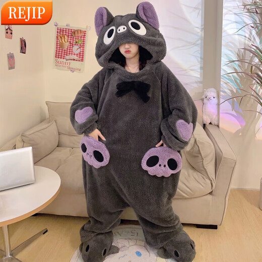 REJIP Hanton Ugly Fish Cute and Funny One-piece Couple Pajamas Women's Autumn and Winter Thickened Coral Fleece Hooded Men's Home Clothes Clown Fish One-piece XXL170-182CM