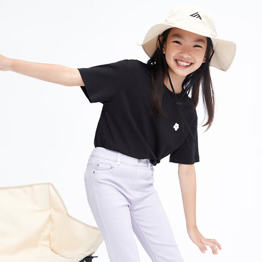 Little MO&Co. Children's clothing summer girls small flower printed cotton short-sleeved T-shirt children's tops medium and large children black 100 110/52