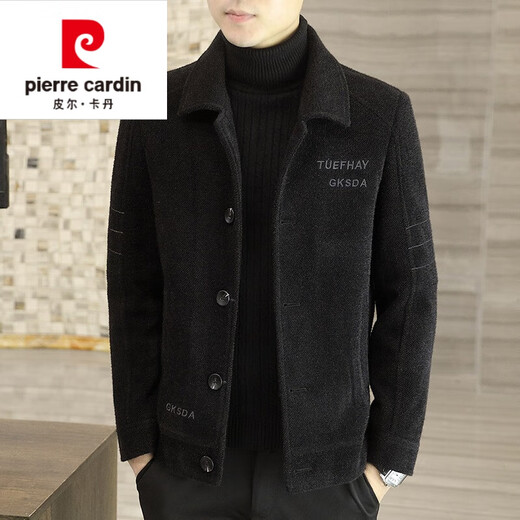 Pierre Cardin high-end brand men's woolen jacket men's short autumn and winter cotton and thick woolen jacket men's Korean casual tops slim winter knitted 8222 black cotton cotton thickened 3XL 150-165Jin Jin equals 0.5 kg