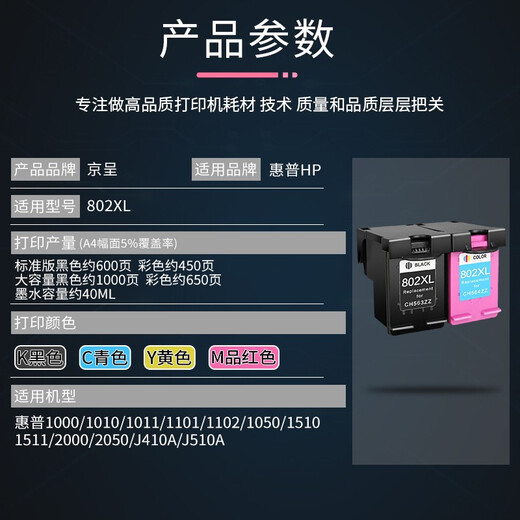 Jingcheng HP802 Adecuado para HP 1000 1010 1011 1102 1102 1050 2050 Cartucho de tinta de impresora [1050 páginas] 802xl Cartucho de tinta de color negro estándar Set