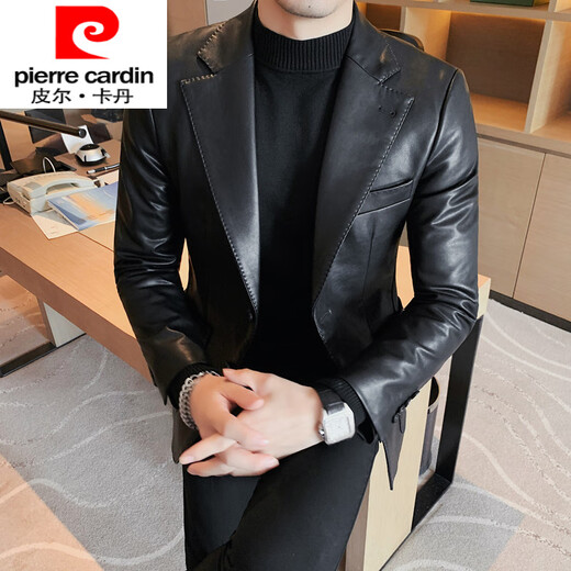 Pierre Cardin international brand high-quality leather clothing men's autumn and winter new slim leather jacket outer light luxury suit leather clothing black M