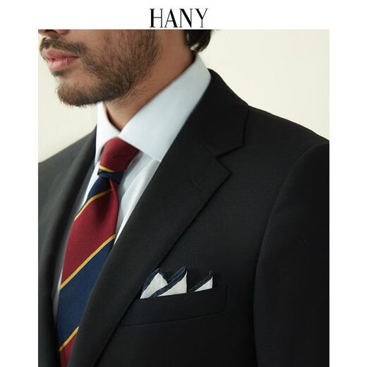 Hany (HANY) high-end craftsmanship pure wool suit suit for men's wedding, groom's wedding, black high-end business suit for men, Onius black, flat lapel 7.8CM, fitted version 46 For trousers, please contact customer service to select the size