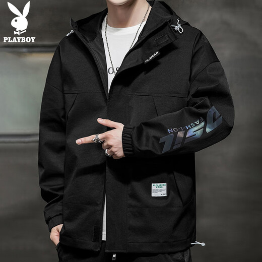 Playboy (PLAYBOY) jacket men's charge jacket men's spring and summer men's casual hooded workwear trendy top black - XL
